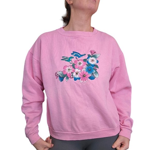 Vintage 80s Pink Crewneck Grannycore Sweatshirt Hummingbirds‎ Flowers M/L USA - Picture 1 of 10